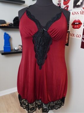 Sexy Burgundy Lace Trim Chemise - Women's Intimates